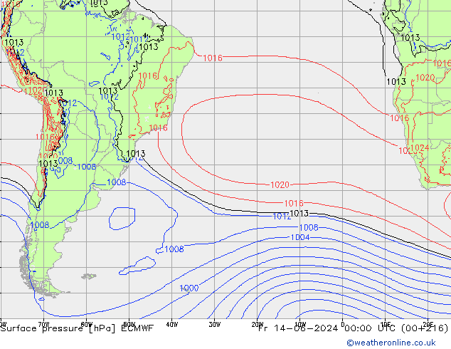 Presión superficial ECMWF vie 14.06.2024 00 UTC