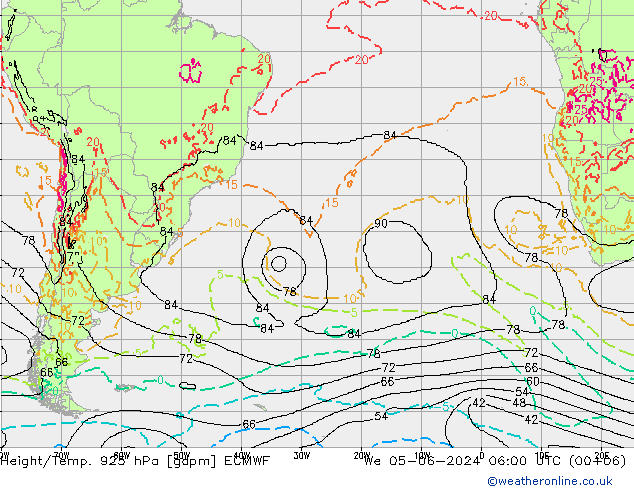 Géop./Temp. 925 hPa ECMWF mer 05.06.2024 06 UTC