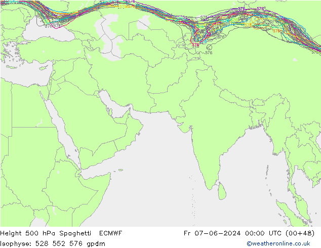 Height 500 hPa Spaghetti ECMWF ven 07.06.2024 00 UTC