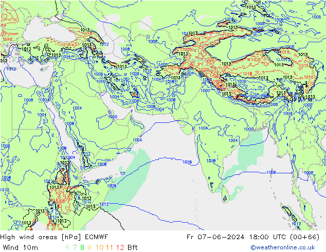 High wind areas ECMWF Pá 07.06.2024 18 UTC
