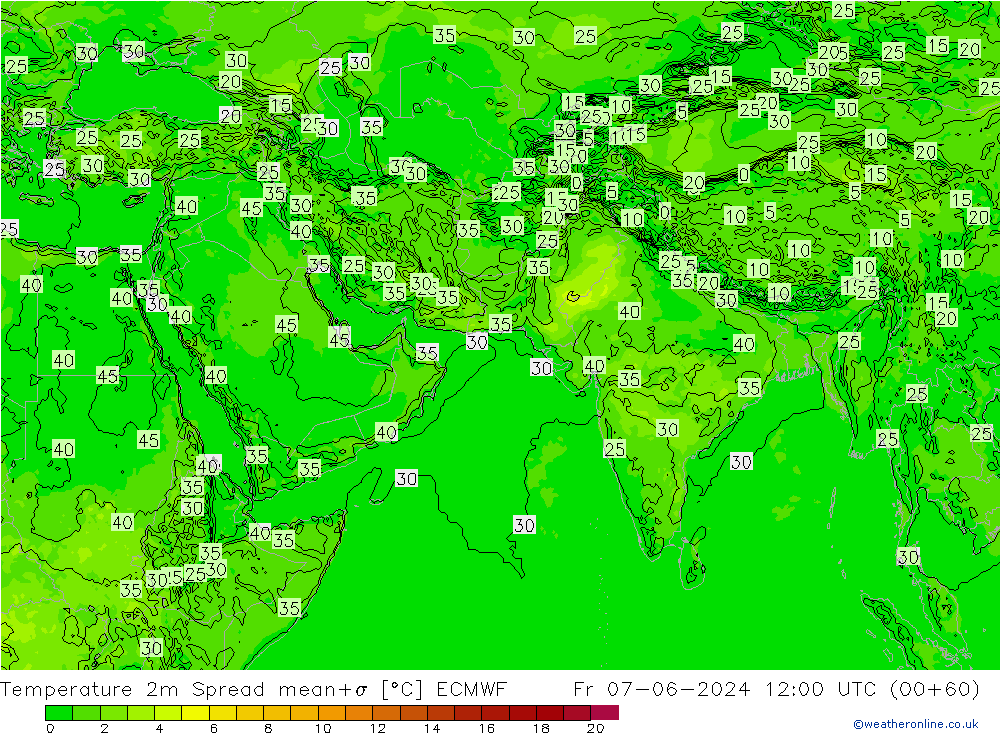 Temperature 2m Spread ECMWF Fr 07.06.2024 12 UTC