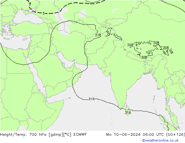 Height/Temp. 700 гПа ECMWF пн 10.06.2024 06 UTC