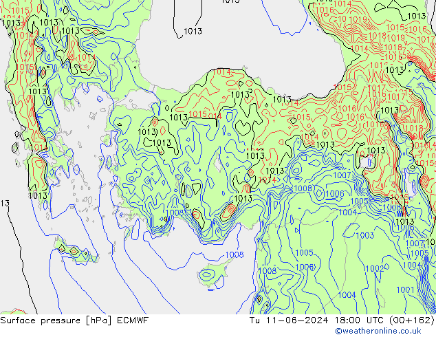 Surface pressure ECMWF Tu 11.06.2024 18 UTC