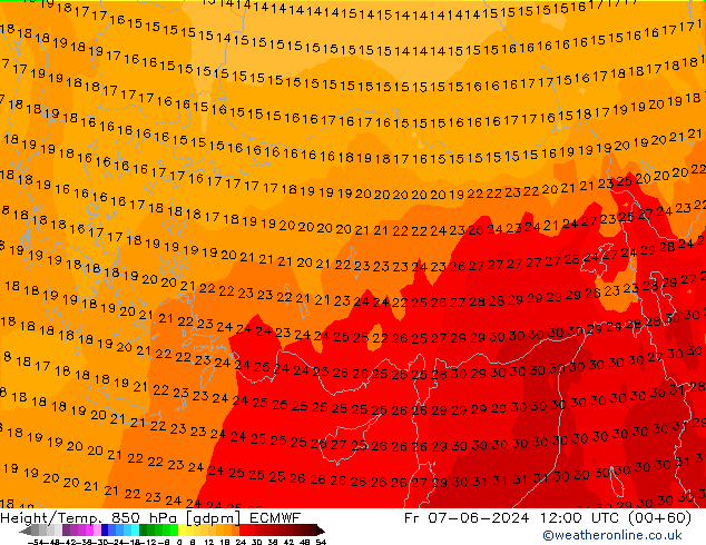 Hoogte/Temp. 850 hPa ECMWF vr 07.06.2024 12 UTC