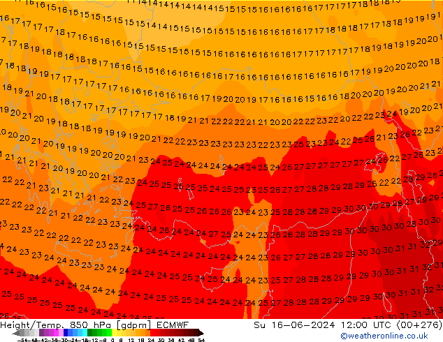 Height/Temp. 850 hPa ECMWF So 16.06.2024 12 UTC