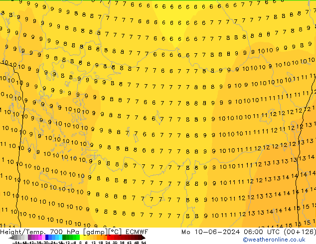 Geop./Temp. 700 hPa ECMWF lun 10.06.2024 06 UTC