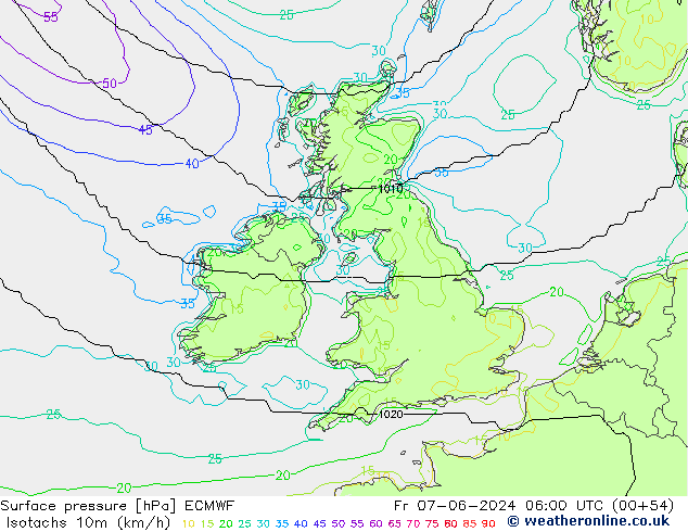 Izotacha (km/godz) ECMWF pt. 07.06.2024 06 UTC