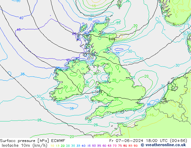 Izotacha (km/godz) ECMWF pt. 07.06.2024 18 UTC