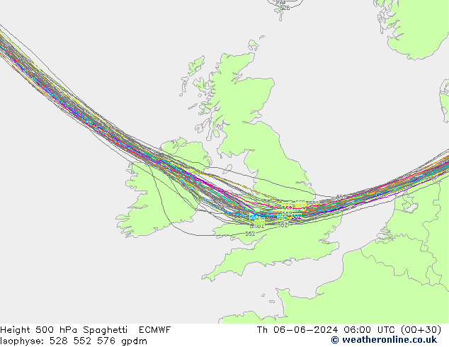 Height 500 hPa Spaghetti ECMWF Th 06.06.2024 06 UTC