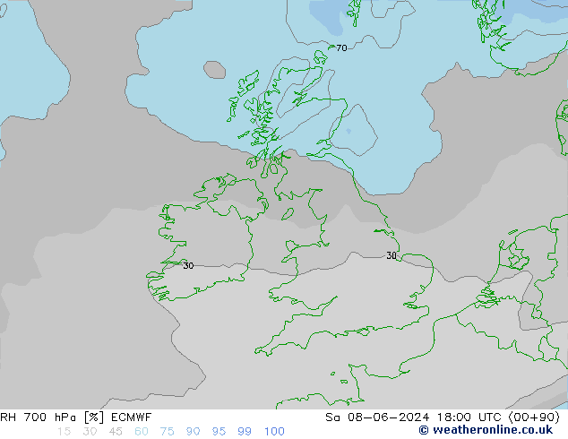 Humidité rel. 700 hPa ECMWF sam 08.06.2024 18 UTC