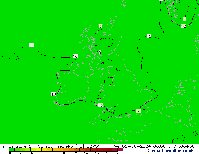 Temperatura 2m Spread ECMWF mer 05.06.2024 06 UTC