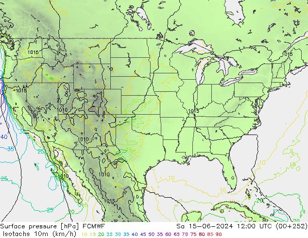 Izotacha (km/godz) ECMWF so. 15.06.2024 12 UTC