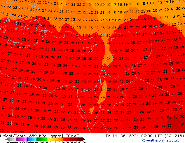 Height/Temp. 850 hPa ECMWF pt. 14.06.2024 00 UTC