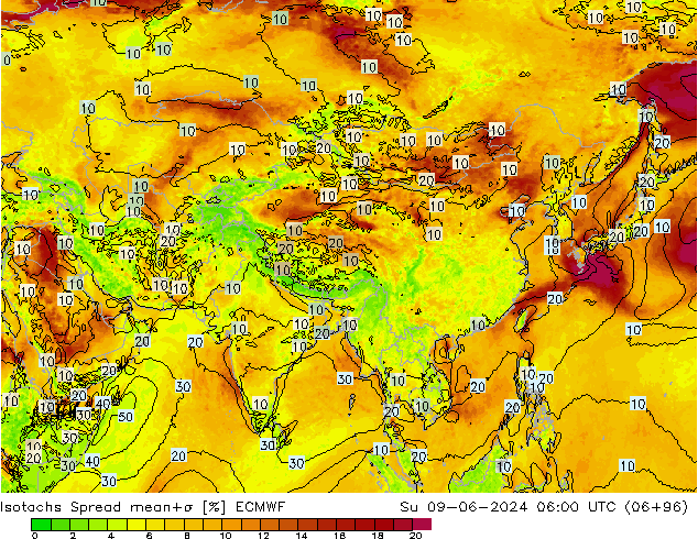 Isotachs Spread ECMWF Su 09.06.2024 06 UTC