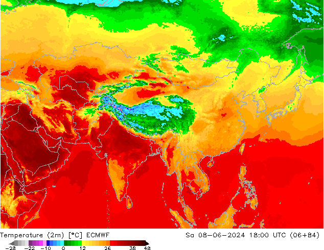 Temperature (2m) ECMWF Sa 08.06.2024 18 UTC