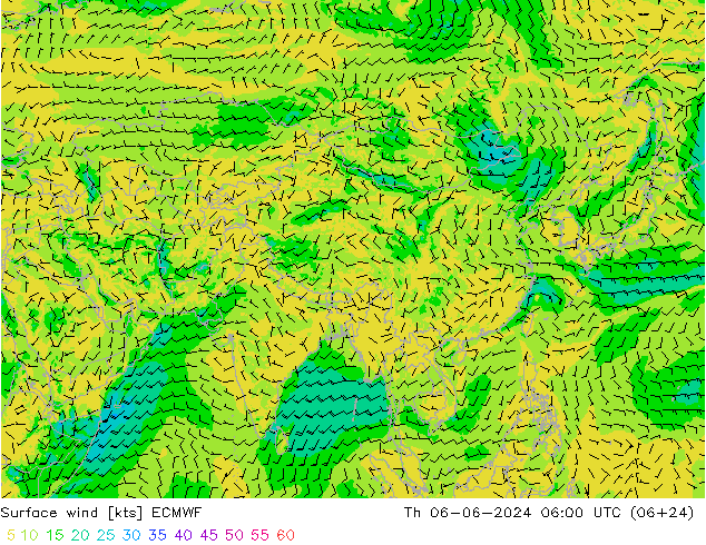 Vento 10 m ECMWF Qui 06.06.2024 06 UTC