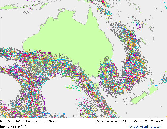 Humidité rel. 700 hPa Spaghetti ECMWF sam 08.06.2024 06 UTC