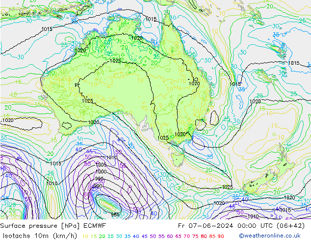 Eşrüzgar Hızları (km/sa) ECMWF Cu 07.06.2024 00 UTC