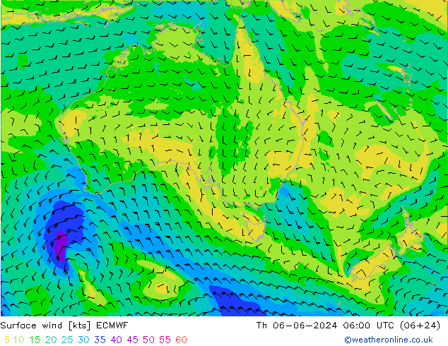 wiatr 10 m ECMWF czw. 06.06.2024 06 UTC