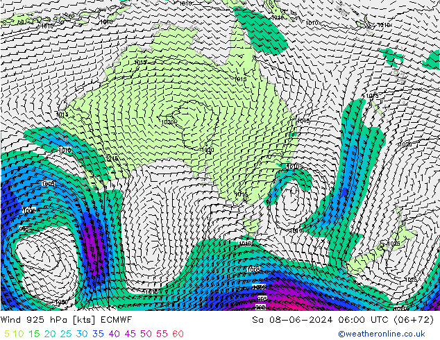 Wind 925 hPa ECMWF za 08.06.2024 06 UTC