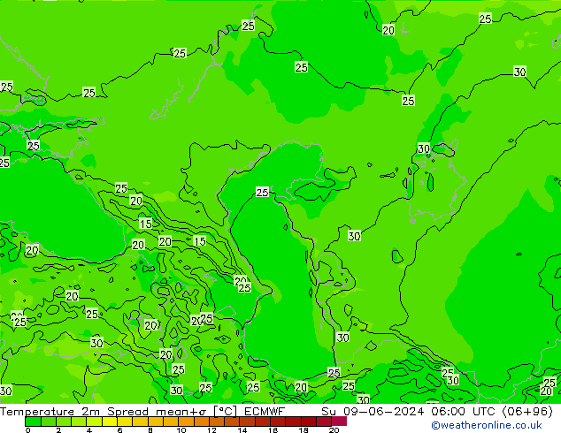 Temperatuurkaart Spread ECMWF zo 09.06.2024 06 UTC