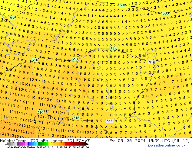 Height/Temp. 700 hPa ECMWF We 05.06.2024 18 UTC