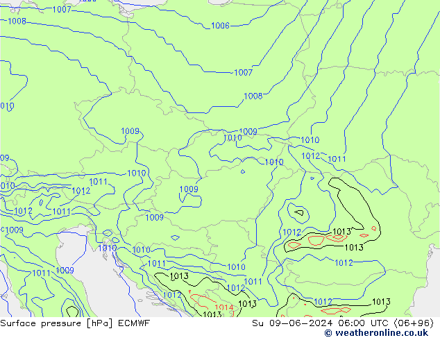 Atmosférický tlak ECMWF Ne 09.06.2024 06 UTC