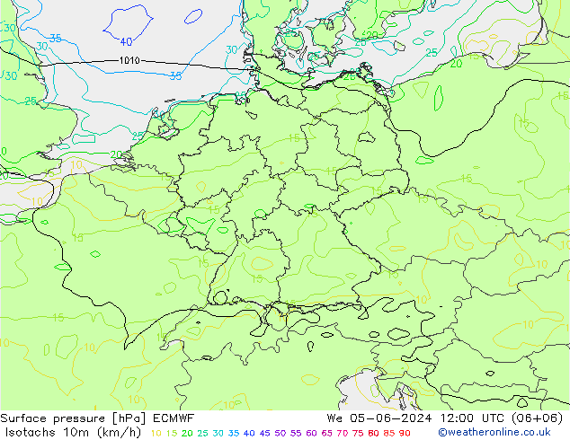 Isotachs (kph) ECMWF We 05.06.2024 12 UTC