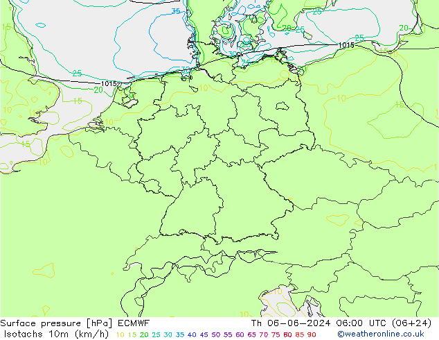 Isotachen (km/h) ECMWF Do 06.06.2024 06 UTC