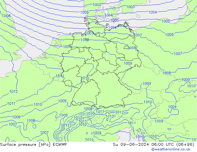 Atmosférický tlak ECMWF Ne 09.06.2024 06 UTC