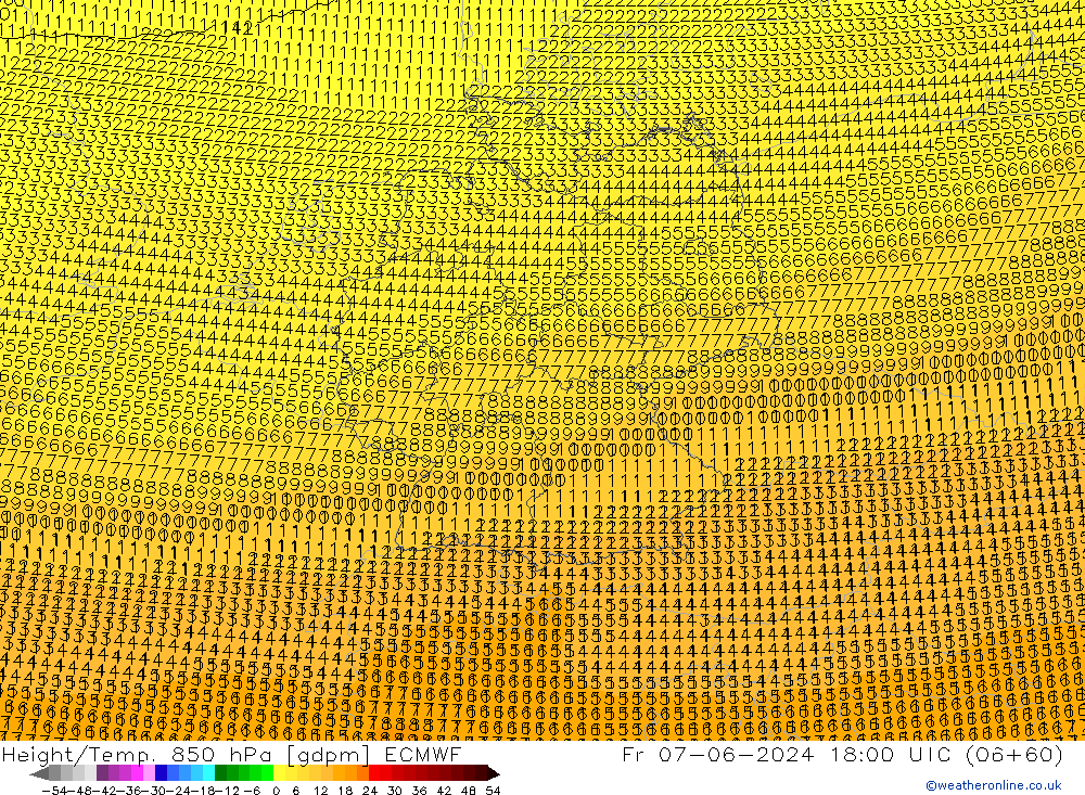 Hoogte/Temp. 850 hPa ECMWF vr 07.06.2024 18 UTC