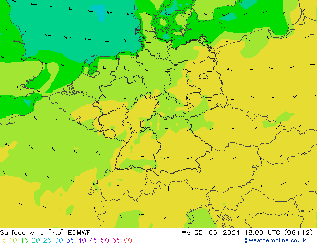 Viento 10 m ECMWF mié 05.06.2024 18 UTC