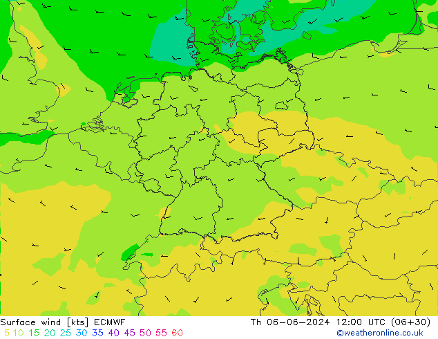 Surface wind ECMWF Čt 06.06.2024 12 UTC