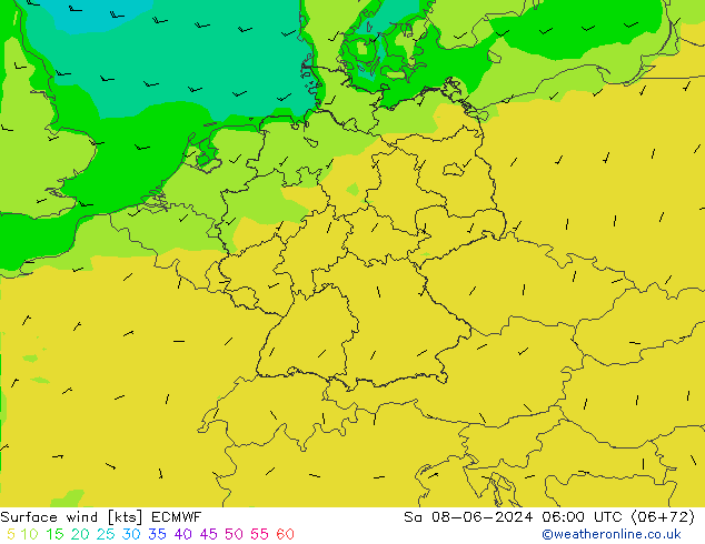 wiatr 10 m ECMWF so. 08.06.2024 06 UTC