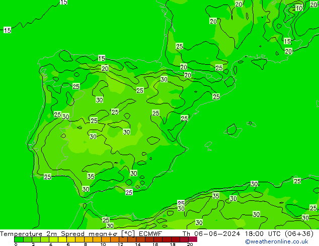 Temperatura 2m Spread ECMWF jue 06.06.2024 18 UTC
