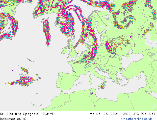 RH 700 hPa Spaghetti ECMWF Mi 05.06.2024 12 UTC