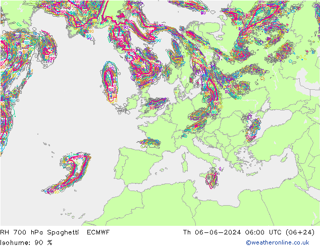 Humidité rel. 700 hPa Spaghetti ECMWF jeu 06.06.2024 06 UTC