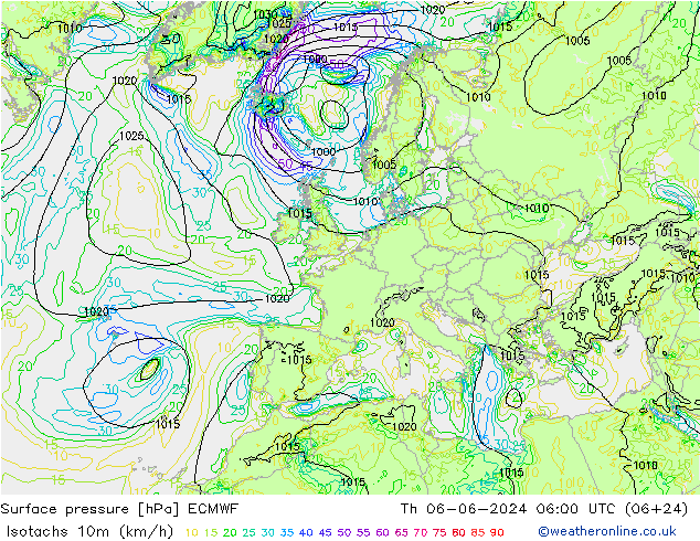 Isotachs (kph) ECMWF Th 06.06.2024 06 UTC