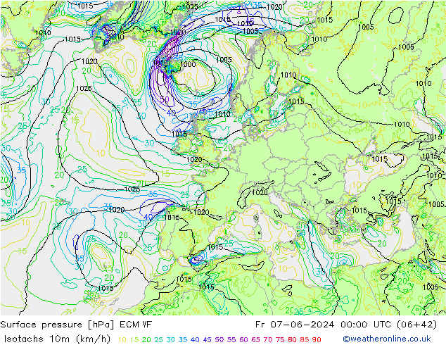 Isotachs (kph) ECMWF Sex 07.06.2024 00 UTC