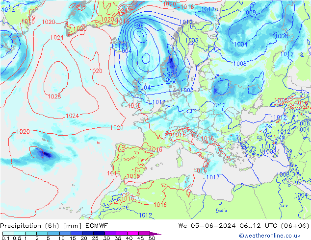 Precipitación (6h) ECMWF mié 05.06.2024 12 UTC