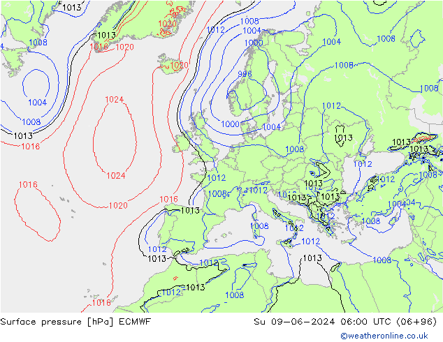 Luchtdruk (Grond) ECMWF zo 09.06.2024 06 UTC