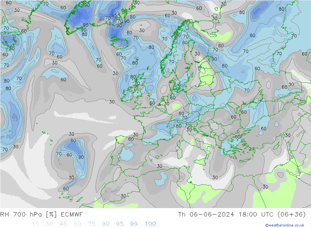 RH 700 hPa ECMWF gio 06.06.2024 18 UTC