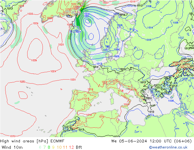 High wind areas ECMWF We 05.06.2024 12 UTC