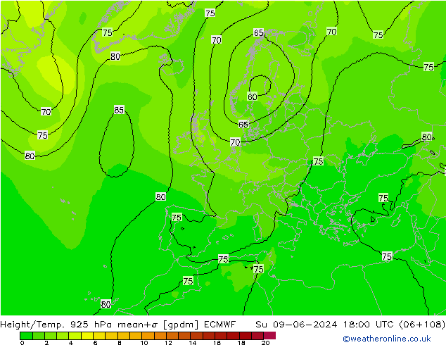 Height/Temp. 925 hPa ECMWF Su 09.06.2024 18 UTC