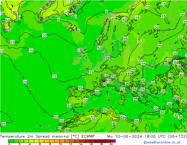 température 2m Spread ECMWF lun 10.06.2024 18 UTC