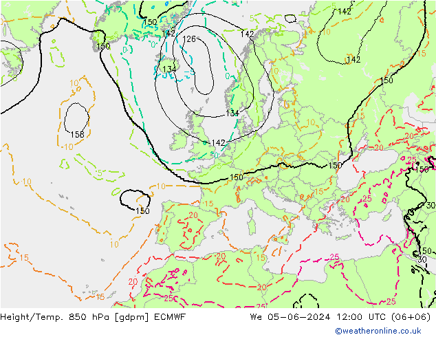 Height/Temp. 850 hPa ECMWF Qua 05.06.2024 12 UTC