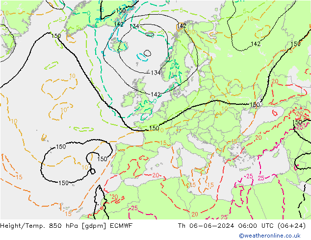 Geop./Temp. 850 hPa ECMWF jue 06.06.2024 06 UTC