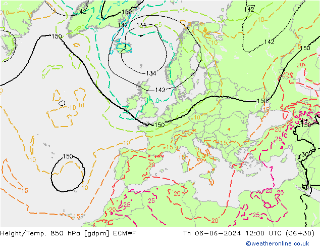 Height/Temp. 850 hPa ECMWF czw. 06.06.2024 12 UTC