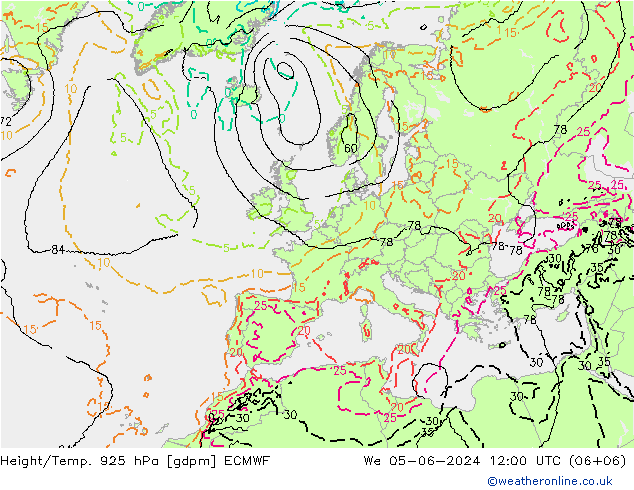 Height/Temp. 925 hPa ECMWF Mi 05.06.2024 12 UTC