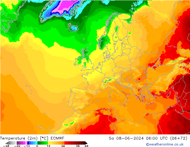 Temperature (2m) ECMWF Sa 08.06.2024 06 UTC